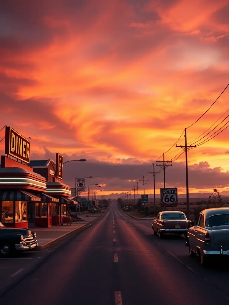 A scenic image of Route 66, showcasing vintage diners and classic Americana.