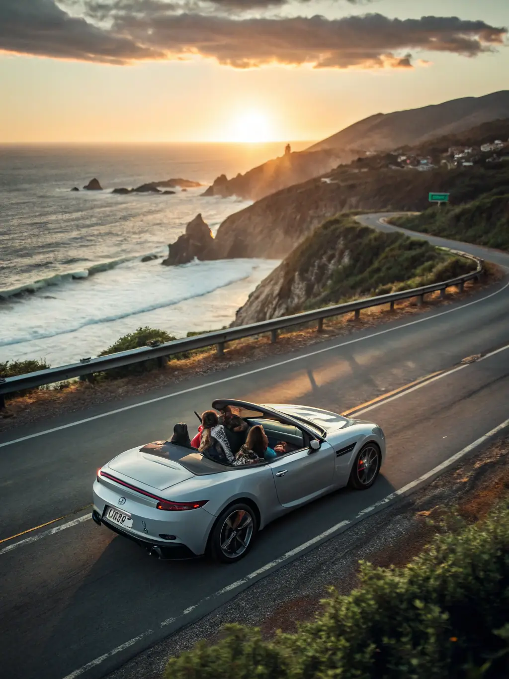 A photograph of a classic car driving along the Pacific Coast Highway at sunset, capturing the essence of a California road trip.