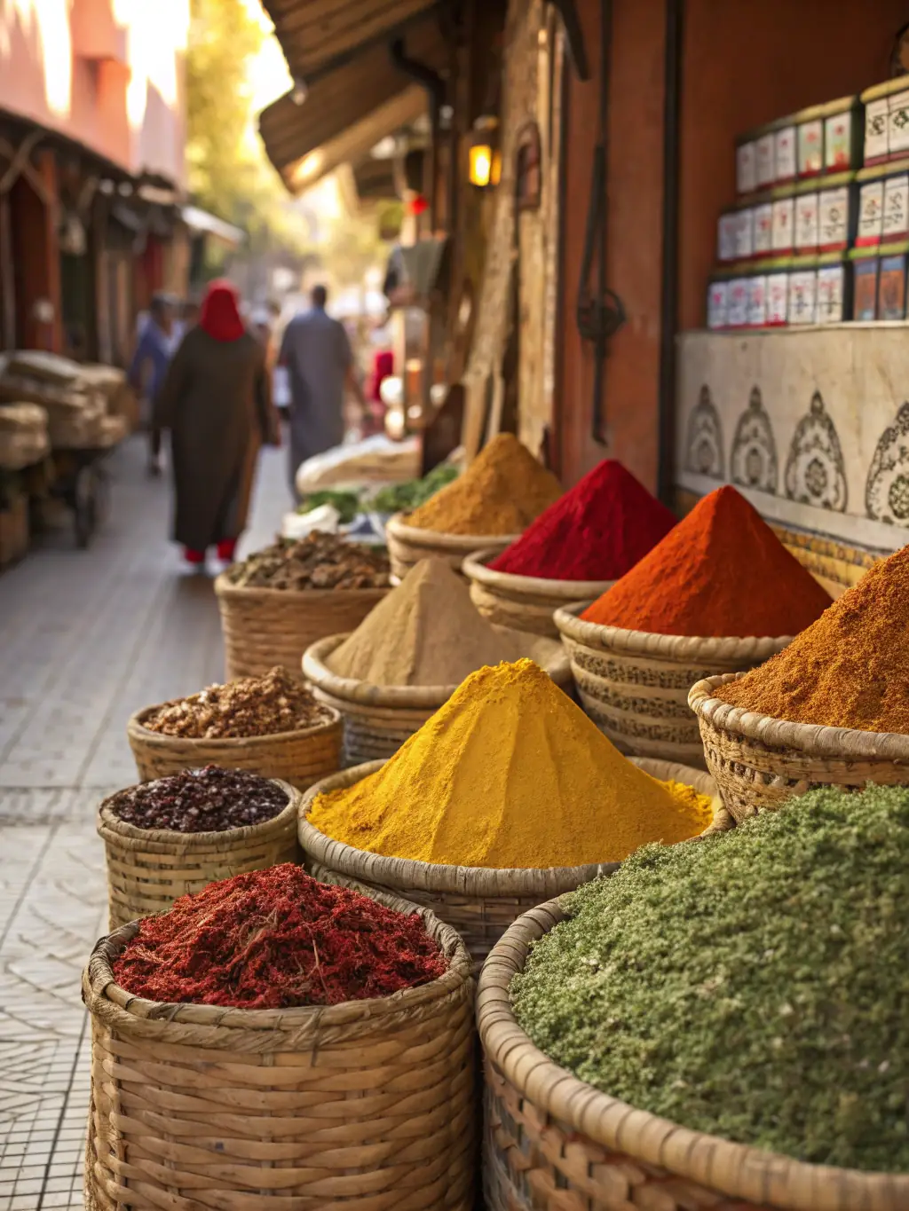 A colorful display of exotic fruits and spices at a bustling market in Marrakech, Morocco, highlighting the vibrant culture and unique flavors of Moroccan cuisine, perfect for inspiring adventurous eaters.