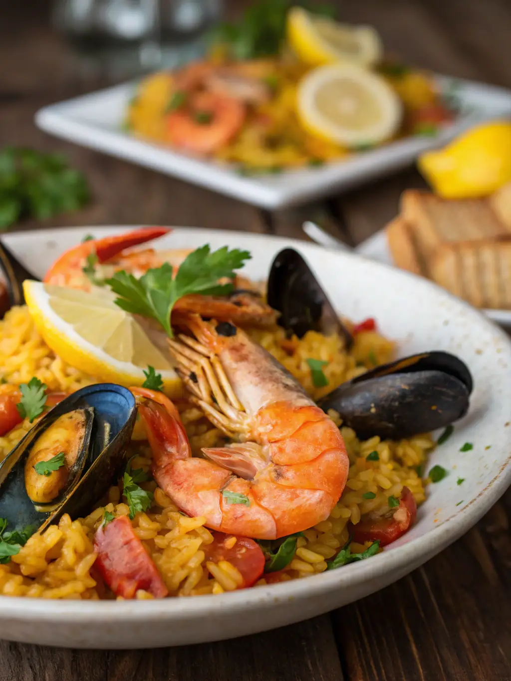 A beautifully plated dish of fresh seafood paella at a seaside restaurant in Valencia, Spain, capturing the essence of Mediterranean cuisine and the joy of dining with an ocean view, suitable for a feature on international food adventures.