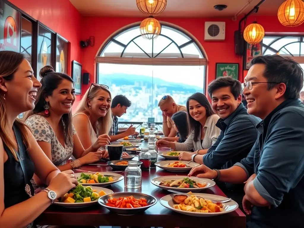 A solo traveler connecting with locals over a meal in a small village in Italy, highlighting the importance of cultural exchange and building connections.