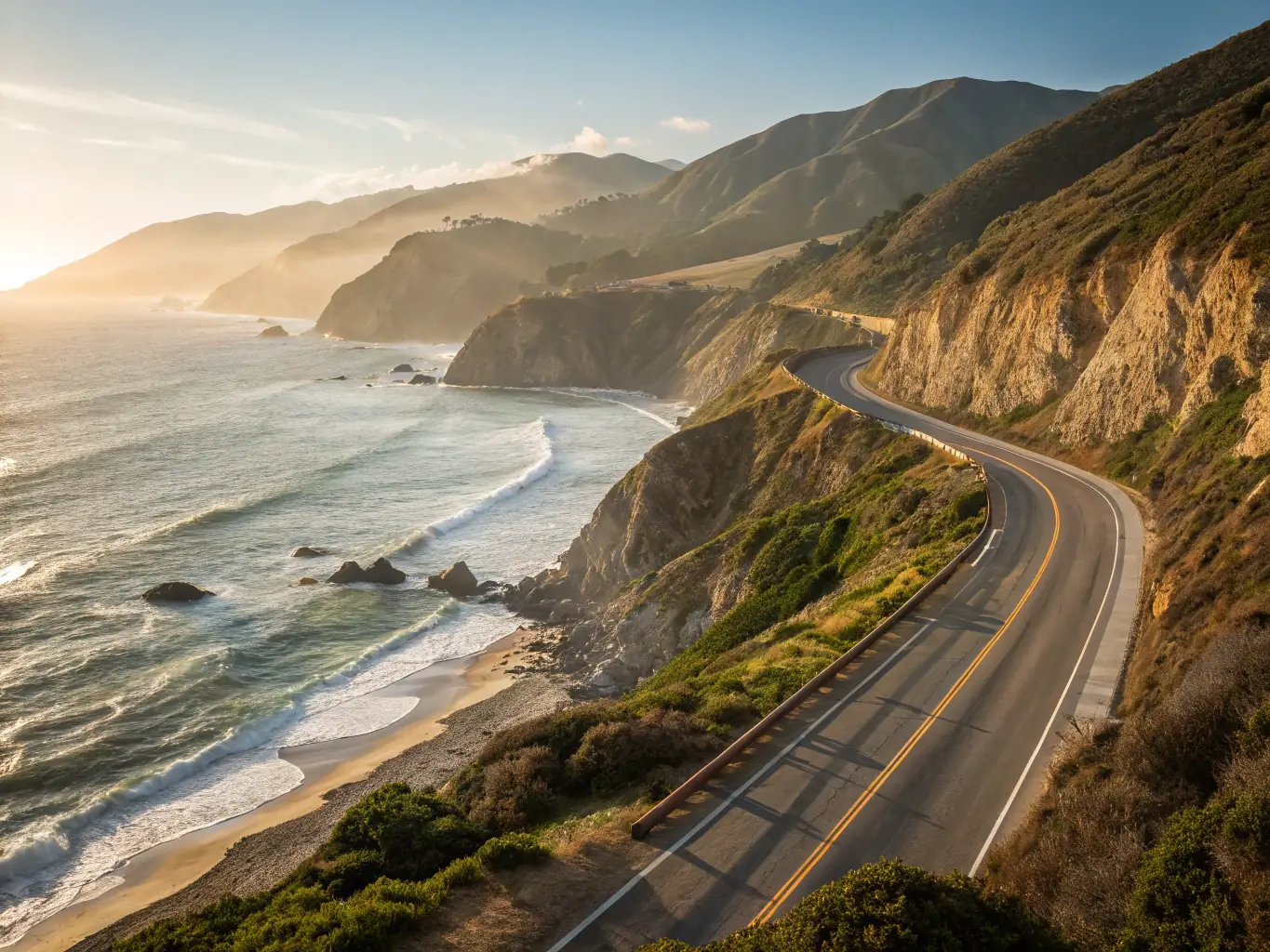 A breathtaking aerial view of the Pacific Coast Highway in California, showcasing the winding road along the coastline with the ocean on one side and cliffs on the other.