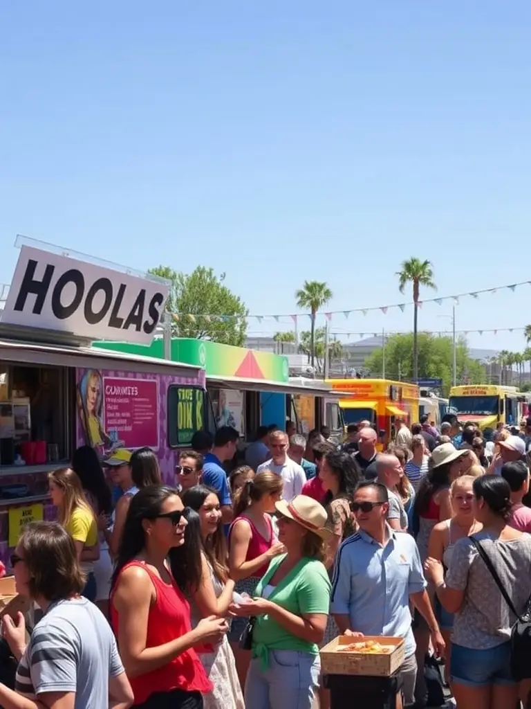 A vibrant image of a food truck rally in Austin, Texas, showcasing a diverse array of cuisines and happy customers, ideal for illustrating the dynamic food scene on a Texas road trip.