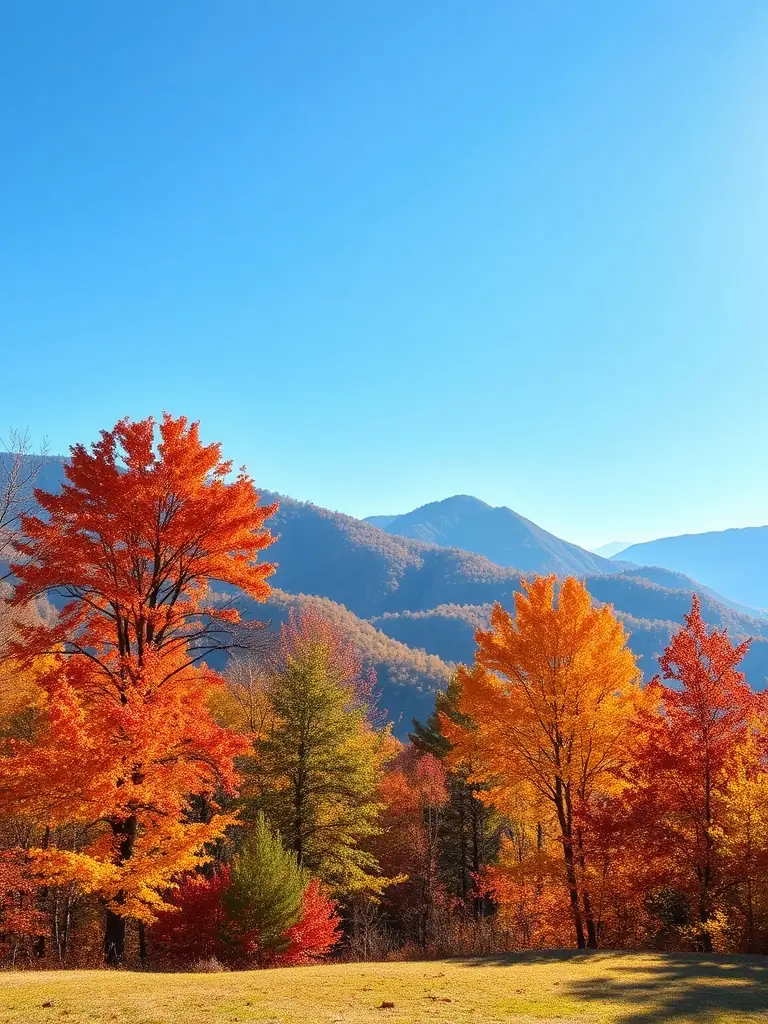 A vibrant photo of the Blue Ridge Parkway in autumn, with colorful foliage and mountain vistas.