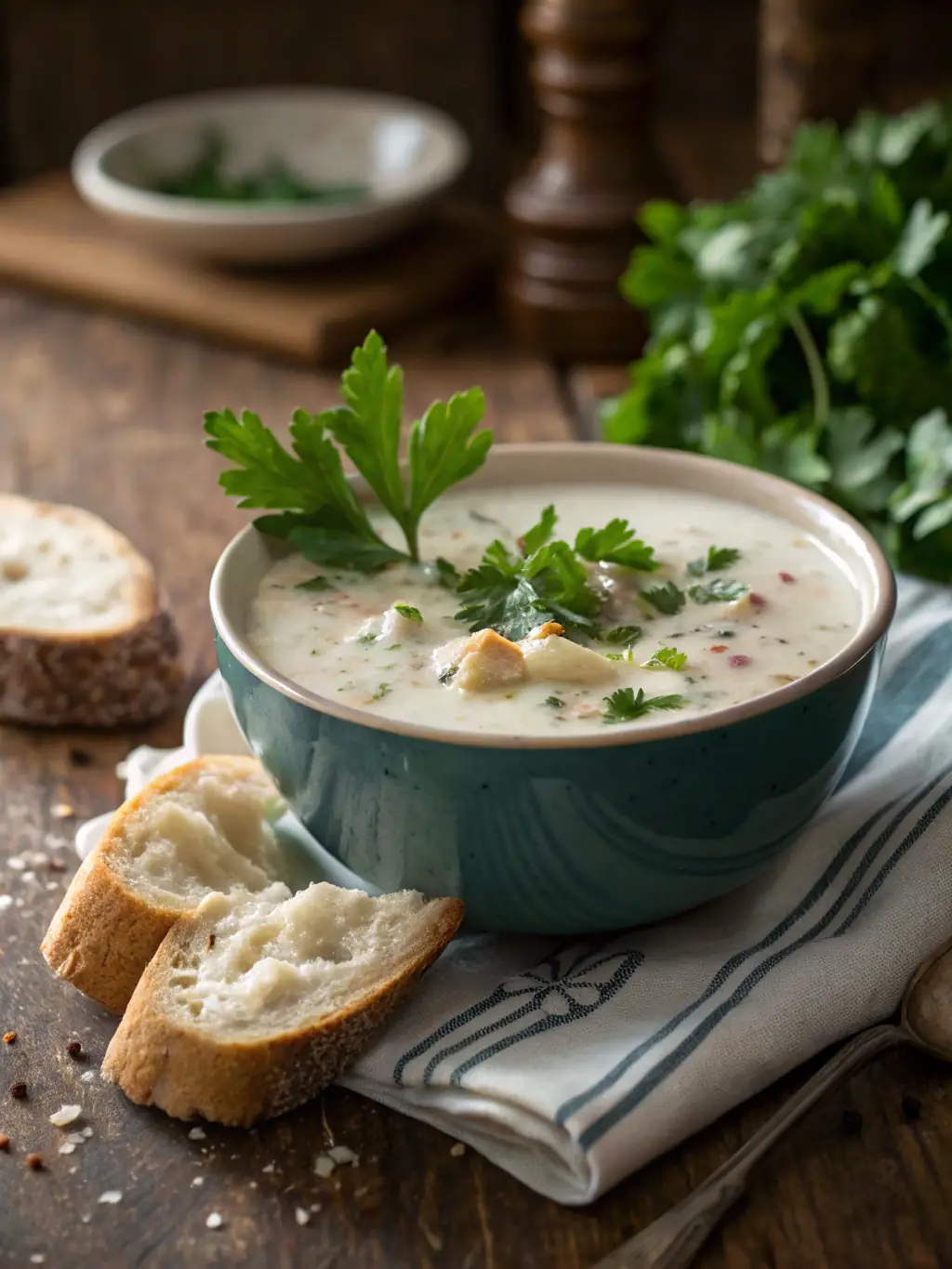 A close-up shot of a steaming bowl of authentic New England clam chowder served in a rustic setting, highlighting the creamy texture and fresh ingredients, perfect for showcasing local culinary delights on a New England road trip.