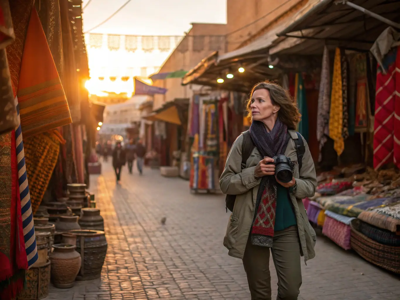 A solo female traveler confidently navigating a bustling market in Marrakech, Morocco, showcasing the spirit of adventure and cultural immersion.