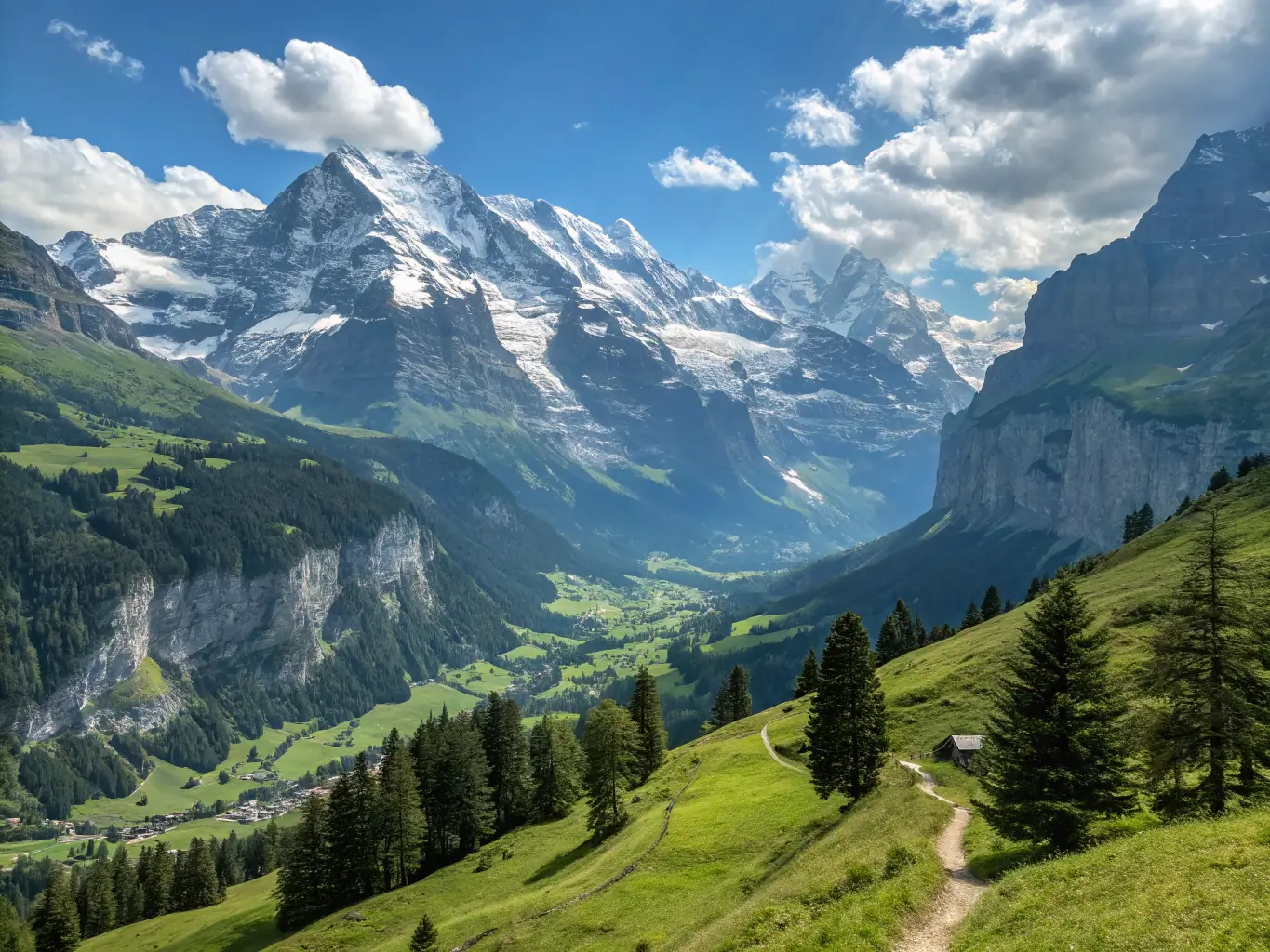 A serene photo of the Swiss Alps, with snow-capped mountains, green valleys, and a winding road leading through the landscape.