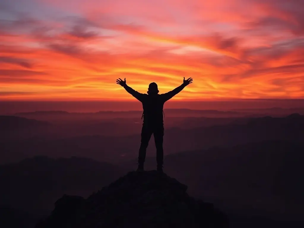 A solo traveler enjoying a sunset view from a mountaintop in Nepal, symbolizing peace, reflection, and personal growth.