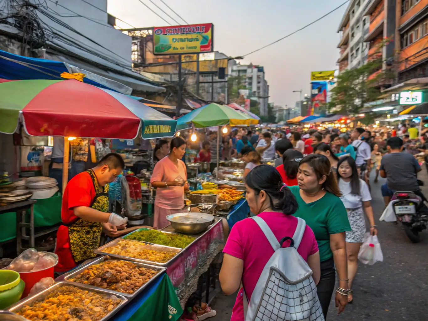 A vibrant image of a street food market in Bangkok, Thailand, filled with colorful stalls and delicious-looking dishes.